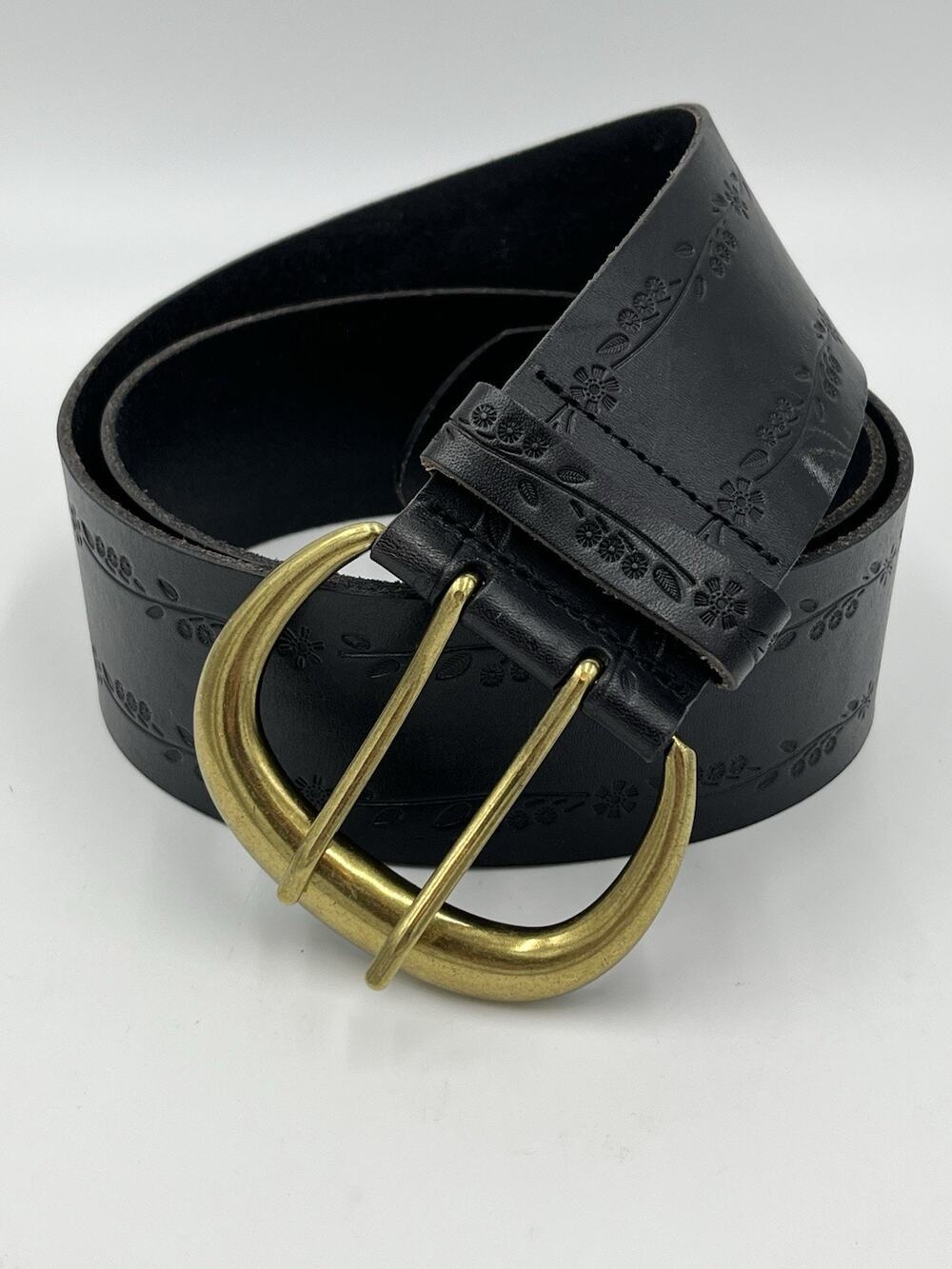 By Anthropologie Ditsy Floral Waist Black Tooled Leather Wide Belt Plus Sz 1X